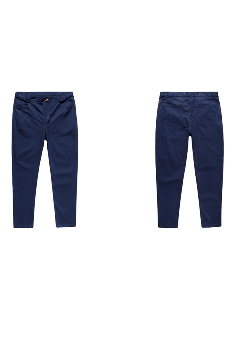 Front and back design on plus size straight cut men's smart casual long pant in navy blue color.