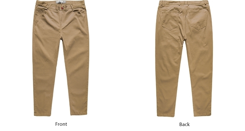 Front and back design on plus size straight cut men's smart casual long pant in khaki color.