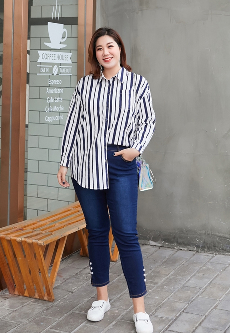 Picture of Plus Size Stripe Long Sleeve Women Shirt
