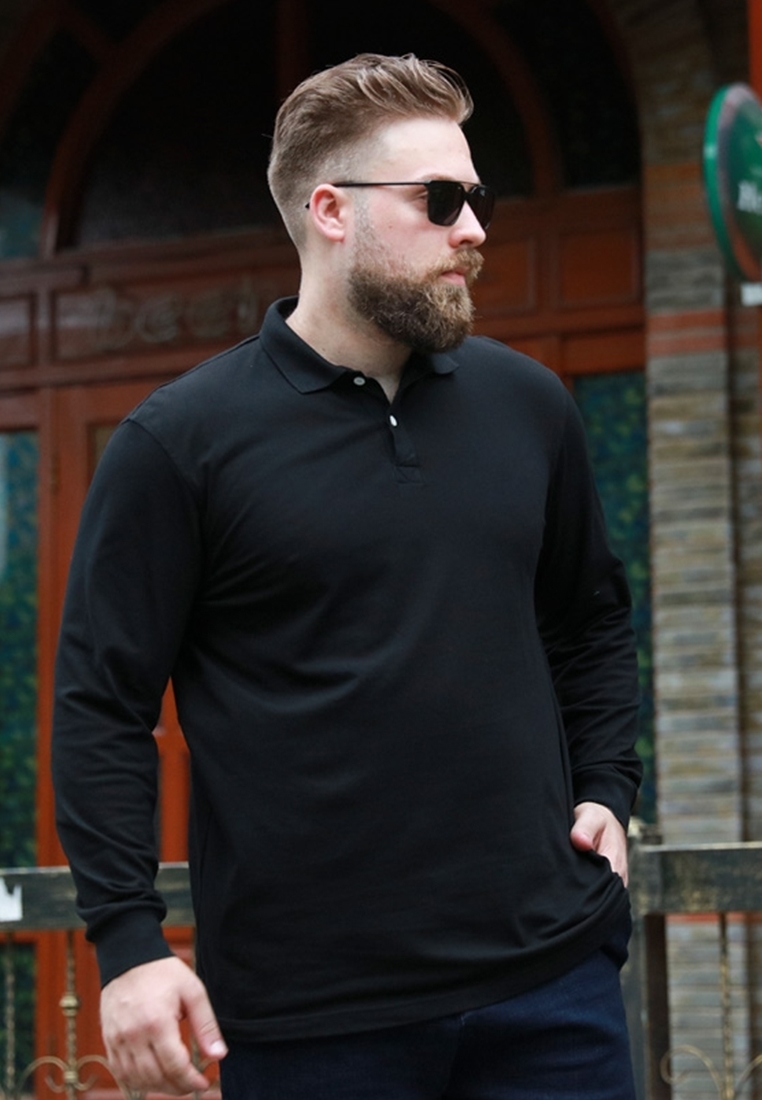 Long sleeve plus size men's polo tee in black color.