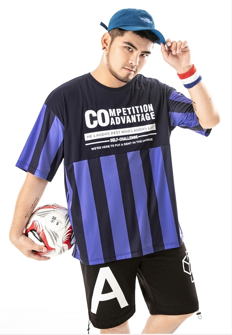 Plus size sports men's t-shirt with black and purple stripe.
