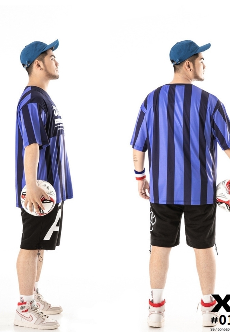 Back view of plus size sports men's t-shirt with black and purple stripe.