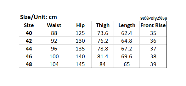 Size chart for Plus size hit color sports shorts.