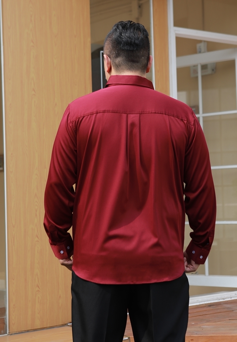 Long sleeve plus size men business Shirt in maroon color back view.