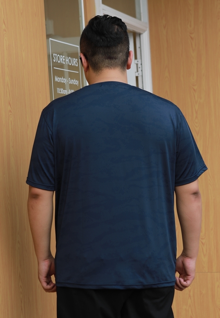 Plus Size Print Dry Fit T-Shirt back side in dark blue color.