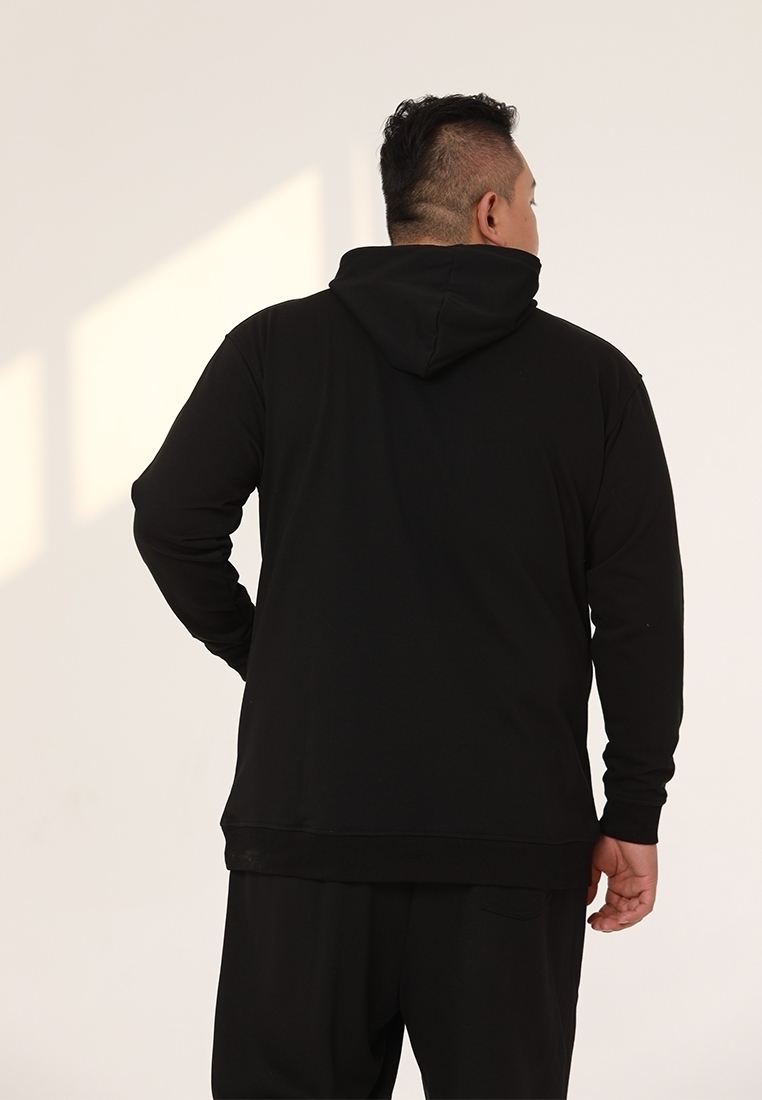 Back design of plus size hooded long sleeve sweater.